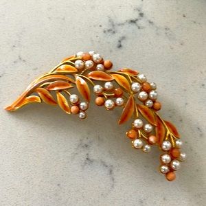 Beautiful, coral and pearl branch/leaf enamel lapel brooch/ lapel pin
